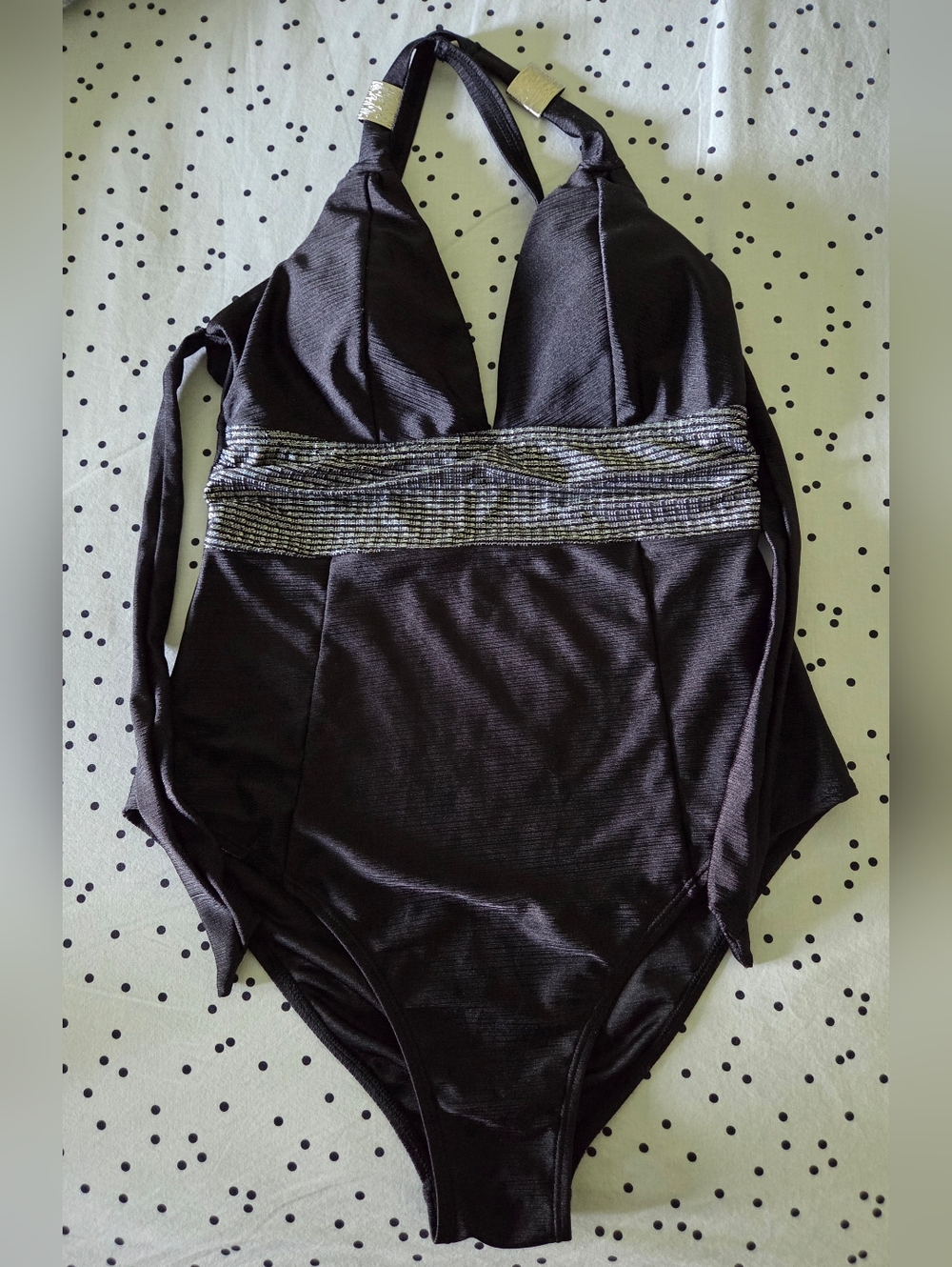 Women’s Black Solid One Piece Halter Swimsuit Metallic Silver Band Size M